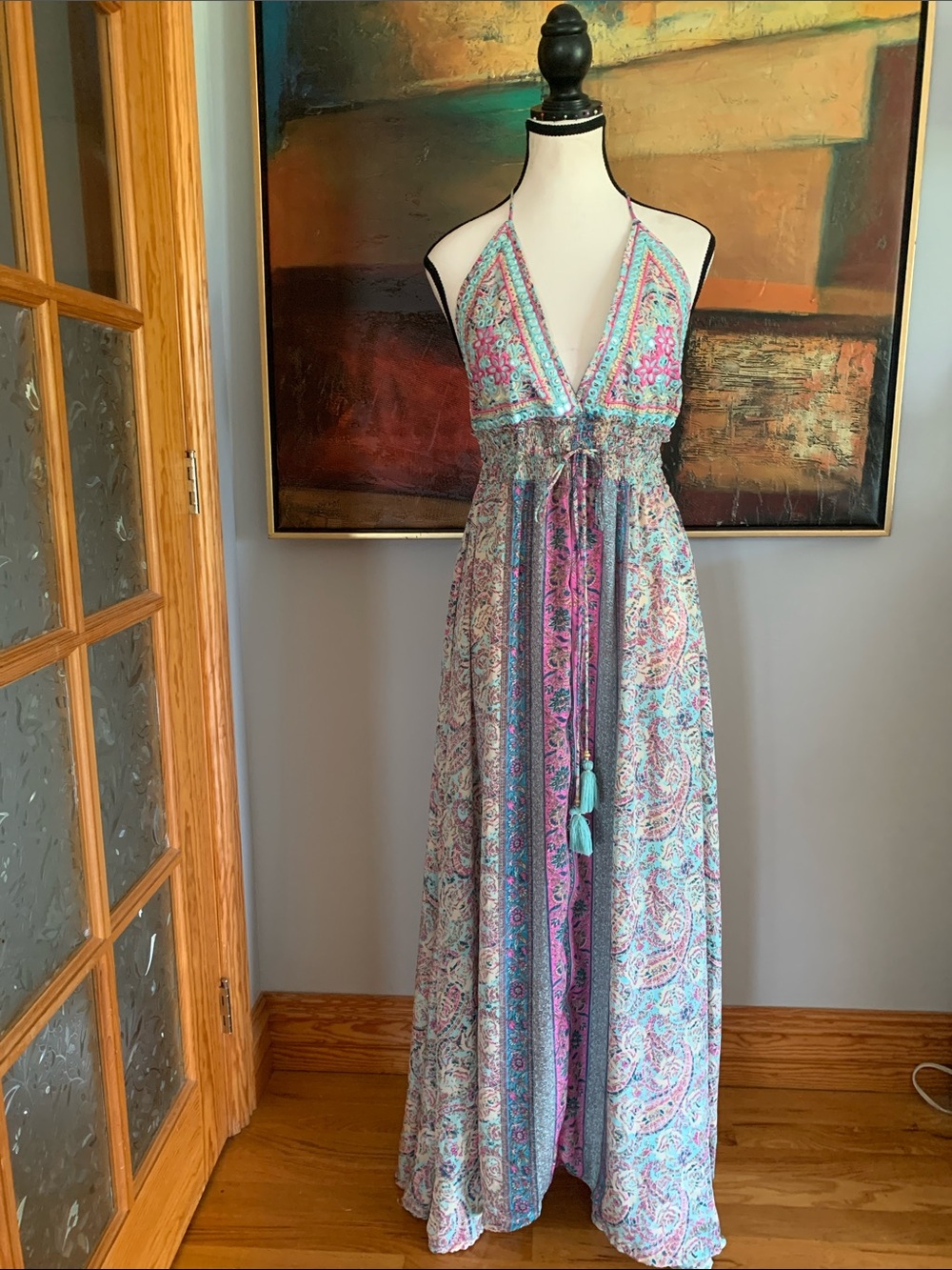 Zury, 70% Silk Boho Paisley Backless Halter Maxi Dress, Free Size (M-L)